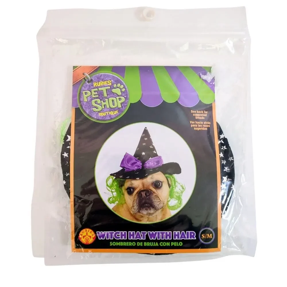 Rubie's Witch Hat Dog Costume S/M Green Wig Halloween Pet Brand New Sealed